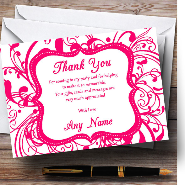 White & Pink Swirl Deco Personalised Birthday Party Thank You Cards