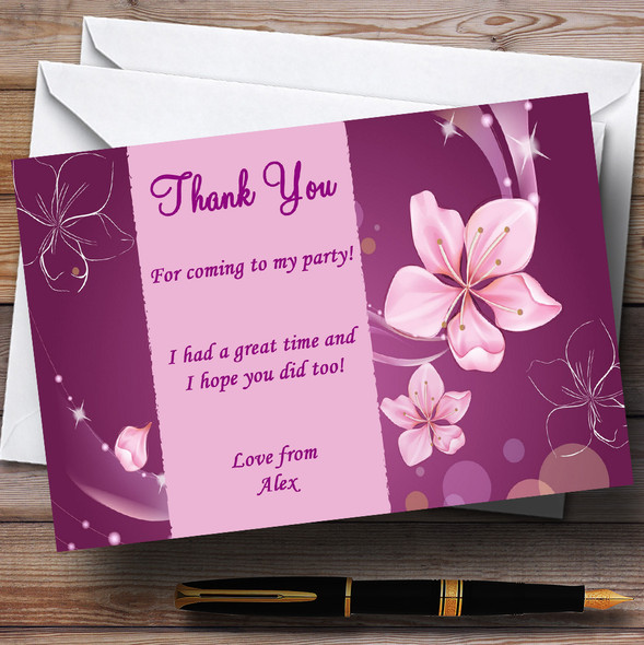 Purple Flowers Personalised Party Thank You Cards