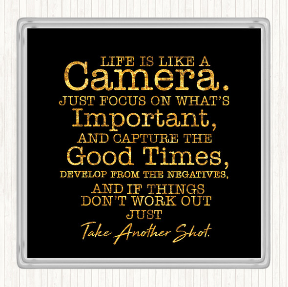 Black Gold Camera Quote Drinks Mat Coaster