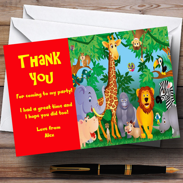 Red Jungle Animals Personalised Children's Party Thank You Cards