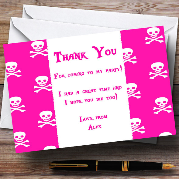 Pink Skull & Crossbones Pirate Personalised Children's Party Thank You Cards