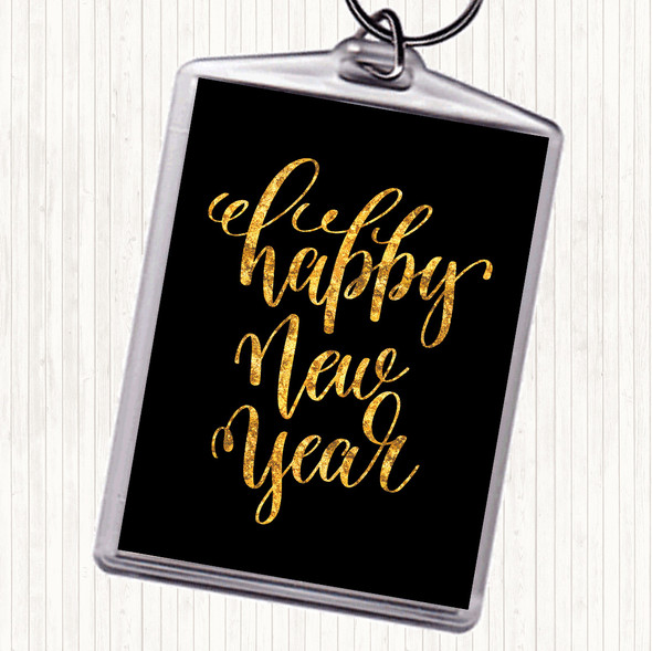 Black Gold Christmas Happy New Year Quote Bag Tag Keychain Keyring