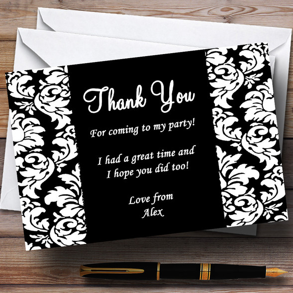 Floral Black White Damask Personalised Party Thank You Cards