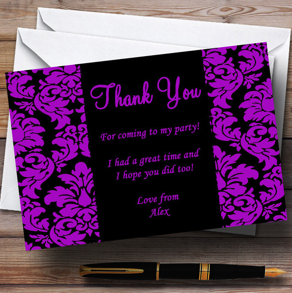 Floral Black & Purple Damask Personalised Party Thank You Cards