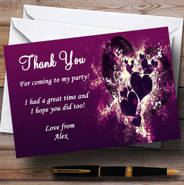 Purple Hearts Romantic Personalised Party Thank You Cards