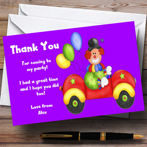 Purple Clown In Car Personalised Children's Party Thank You Cards