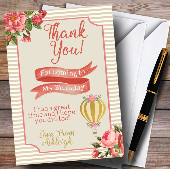 Floral Pink Gold Hot Air Balloon Party Thank You Cards