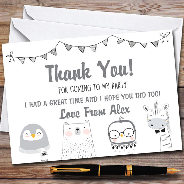 Greyscale Animals Party Thank You Cards