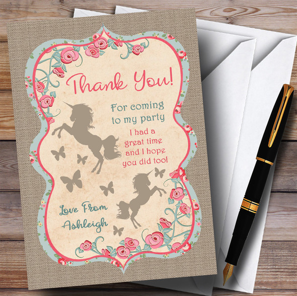 Shabby Chic Burlap Unicorn Party Thank You Cards