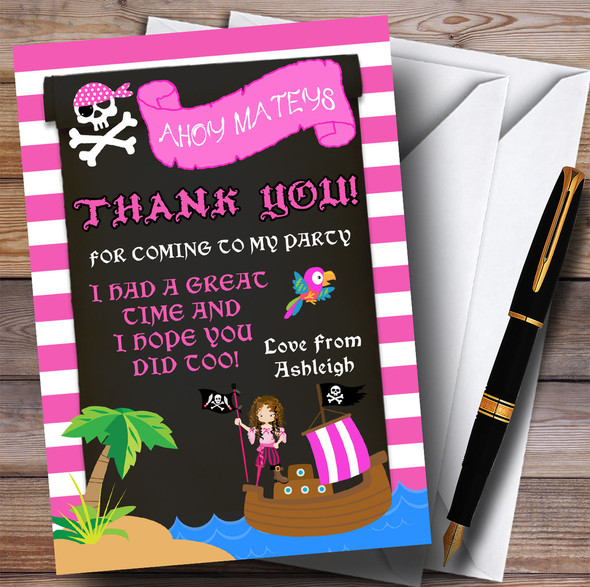 Stripy Pink Girls Pirate Party Thank You Cards
