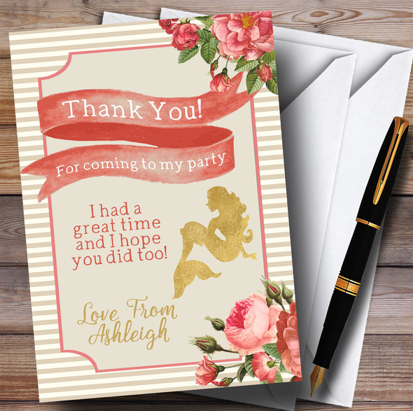 Stripy Floral Pink Gold Mermaid Party Thank You Cards