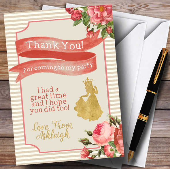 Stripy Floral Pink Gold Princess Party Thank You Cards