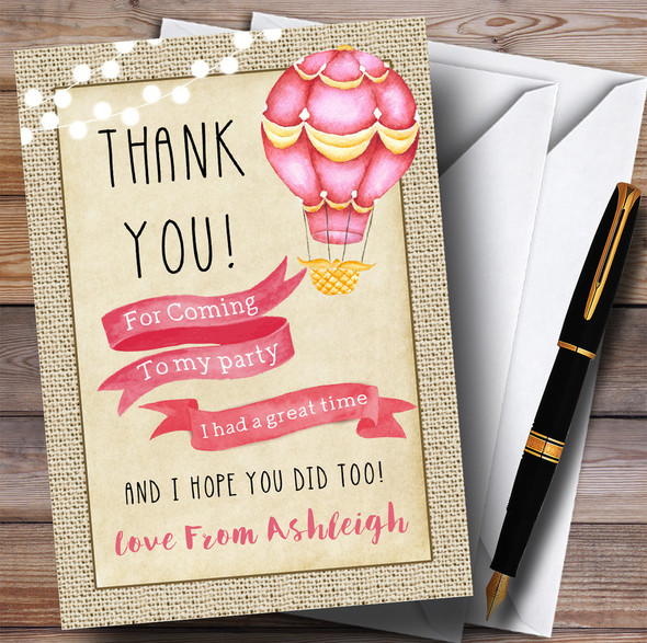 Vintage Burlap Girls Pink Hot Air Balloon Party Thank You Cards