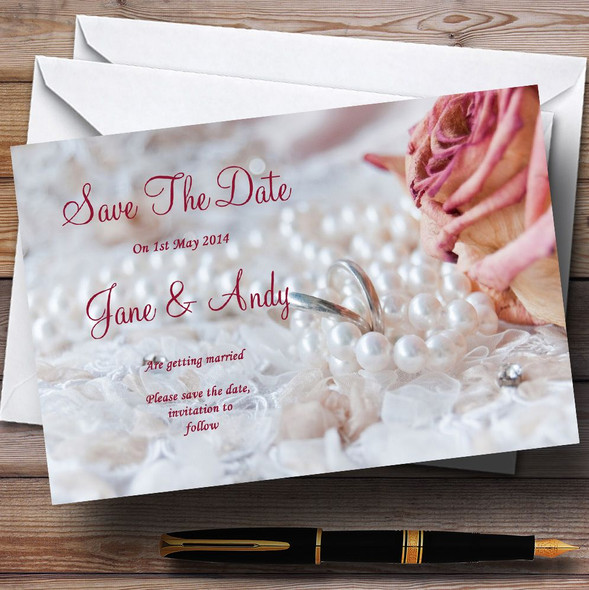 Pink Rose Pearl Rings Personalised Wedding Save The Date Cards