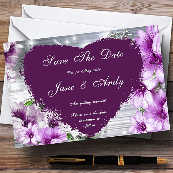 Purple Heart Flowers Personalised Wedding Save The Date Cards