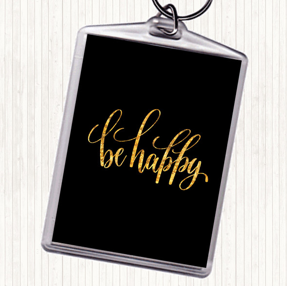 Black Gold Happy Quote Bag Tag Keychain Keyring