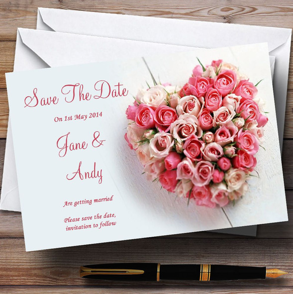 Pink Heart Roses Personalised Wedding Save The Date Cards