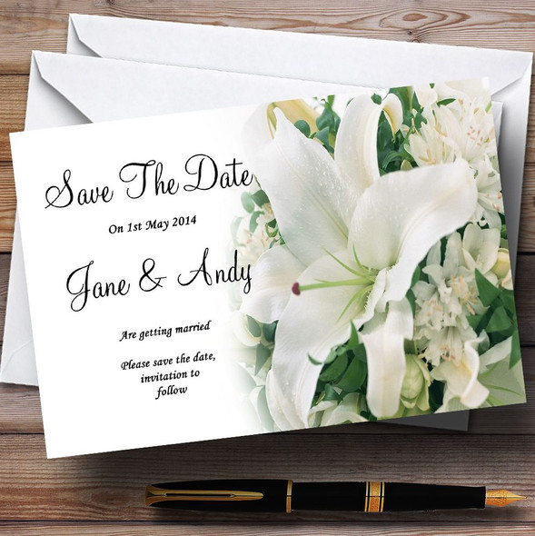 Classy White Lily Pretty Personalised Wedding Save The Date Cards