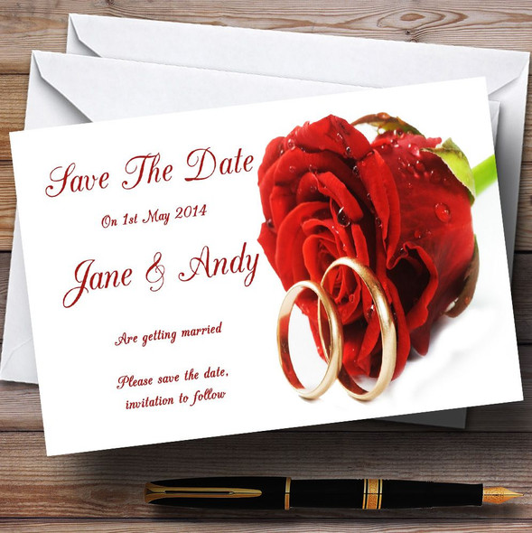 Red Romantic Rose Wedding Rings Personalised Wedding Save The Date Cards