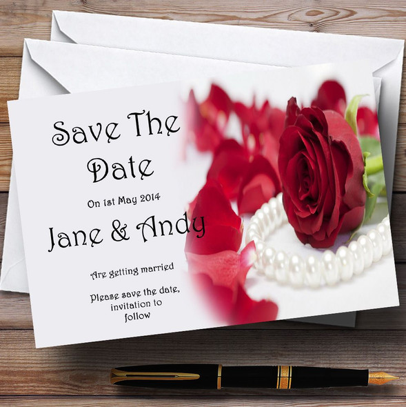 White Pearl Red Rose Personalised Wedding Save The Date Cards