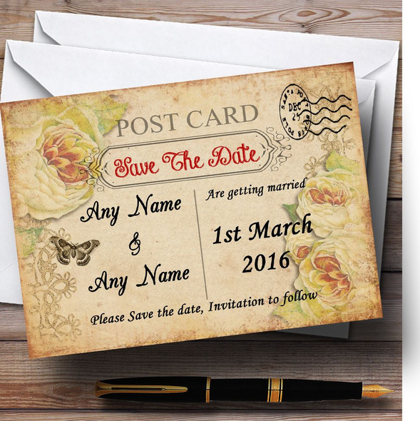 Old Vintage Shabby Chic Postcard Personalised Wedding Save The Date Cards