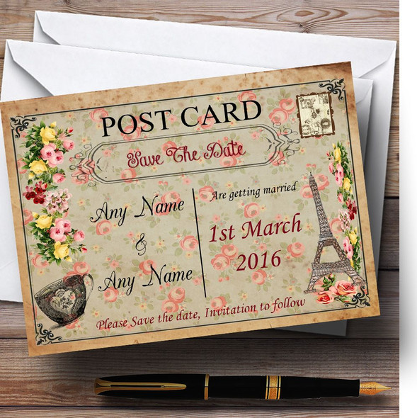 Vintage Paris Shabby Chic Floral Postcard Personalised Wedding Save The Date Cards