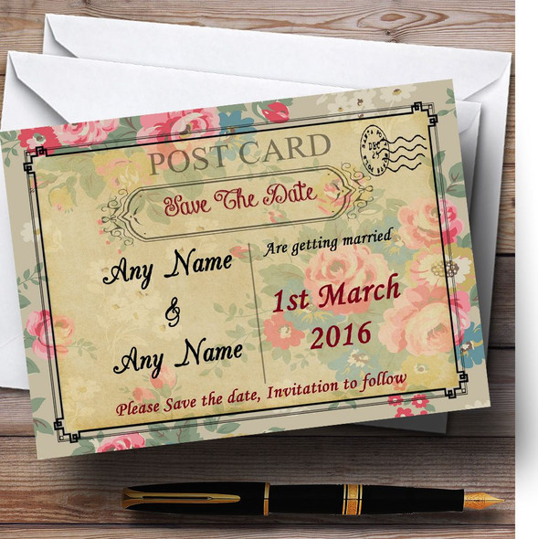 Floral Vintage Paris Shabby Chic Postcard Personalised Wedding Save The Date Cards