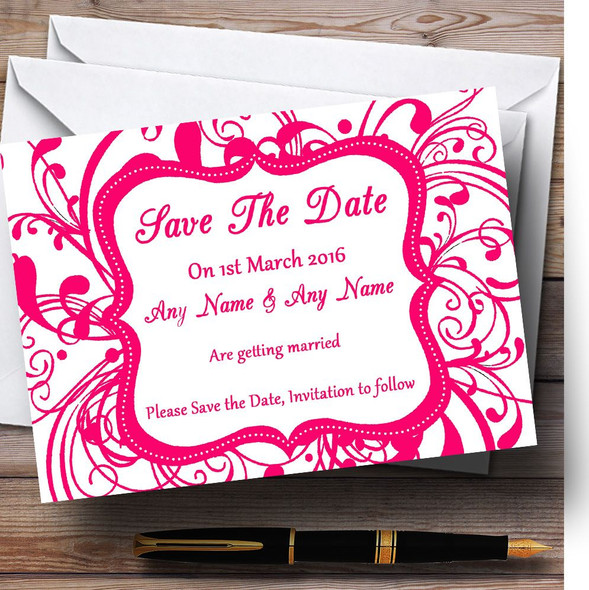 White & Pink Swirl Deco Personalised Wedding Save The Date Cards