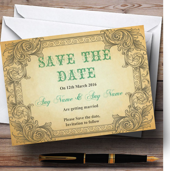 Typography Vintage Turquoise Postcard Personalised Wedding Save The Date Cards