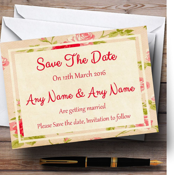 Vintage Pink Shabby Chic Flowers Postcard Style Personalised Wedding Save The Date Cards