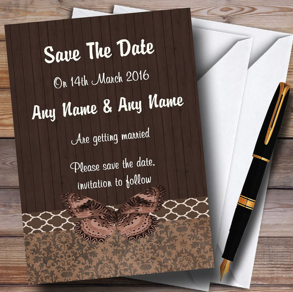 Rustic Vintage Wood Butterfly Brown Personalised Wedding Save The Date Cards