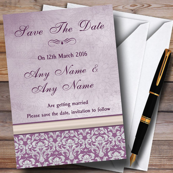 Lavender Lilac Vintage Damask Pretty Personalised Wedding Save The Date Cards