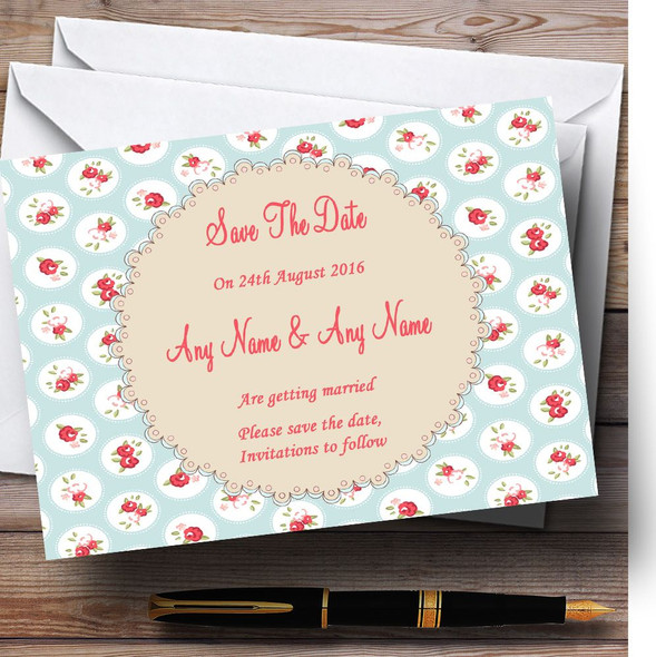 Light Blue And Red Roses Shabby Chic Chintz Personalised Wedding Save The Date Cards