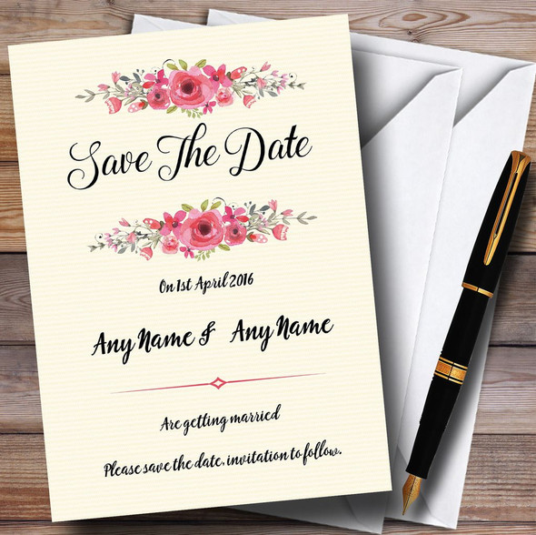 Watercolour Pink Floral Rustic Personalised Wedding Save The Date Cards