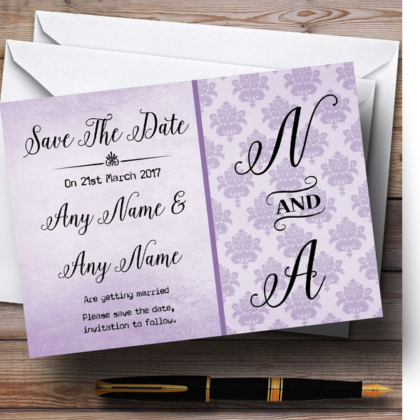 Vintage Damask Initials Lilac Purple Personalised Wedding Save The Date Cards