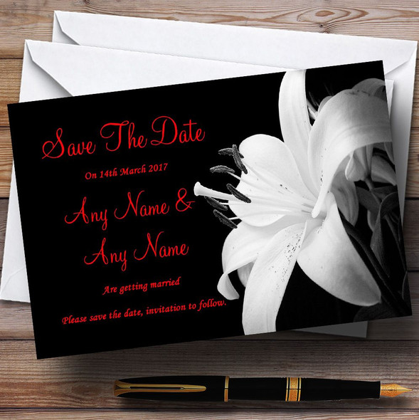 Stunning Lily Flower Black White Red Personalised Wedding Save The Date Cards