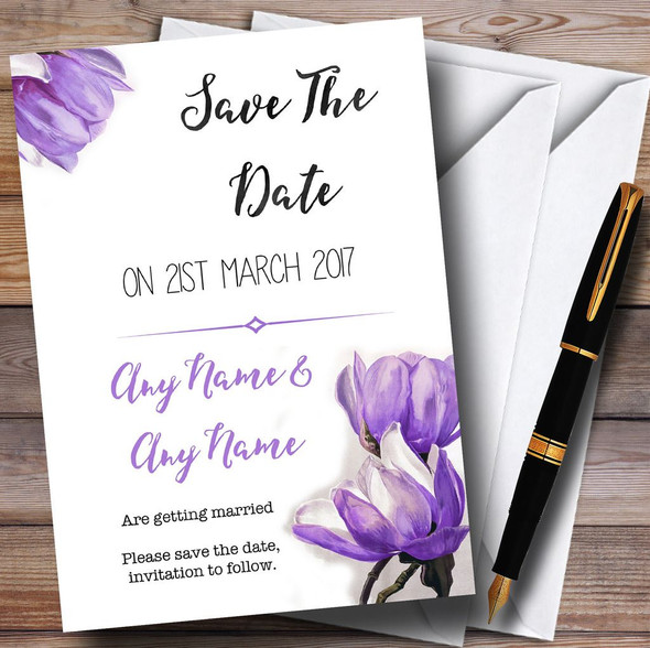 Watercolour Purple Magnolias Personalised Wedding Save The Date Cards