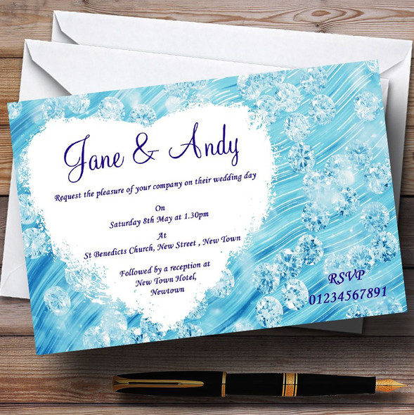 Pale Baby Blue Crystals Pretty Personalised Wedding Invitations