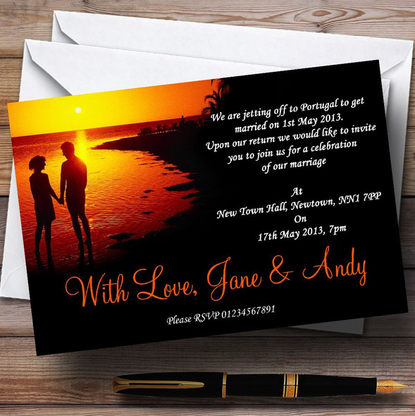 Couple On The Beach At Sunset Jetting Off Abroad Personalised Wedding Invitations