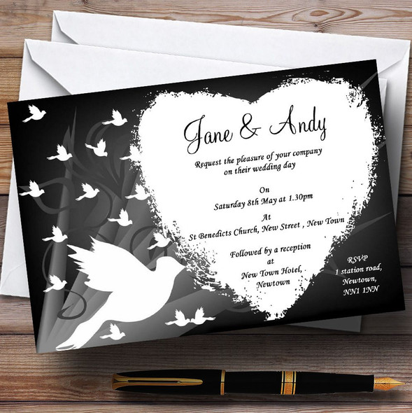 Black With White Doves Personalised Wedding Invitations