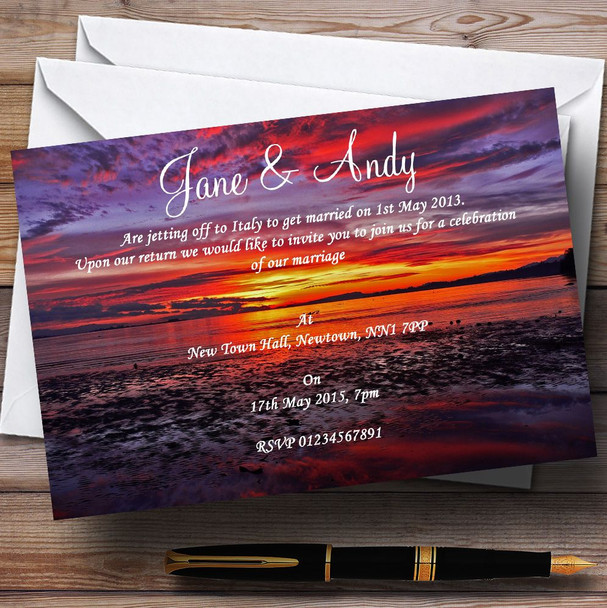 Beautiful Purple Sunset Beach Personalised Wedding Invitations