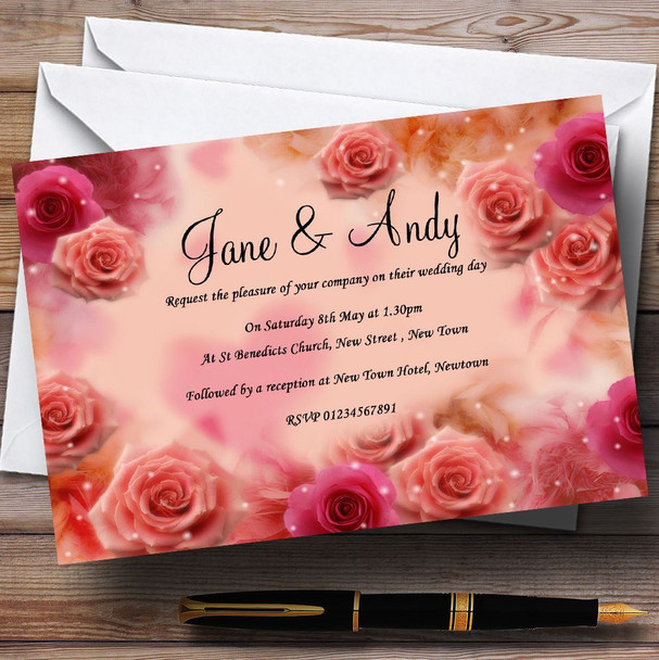 Peach And Pink Flowers Stunning  Personalised Wedding Invitations