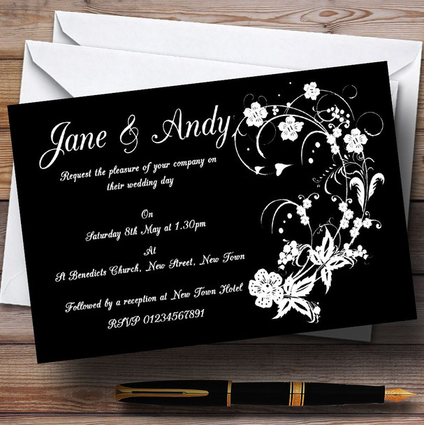 Black White Floral Personalised Wedding Invitations