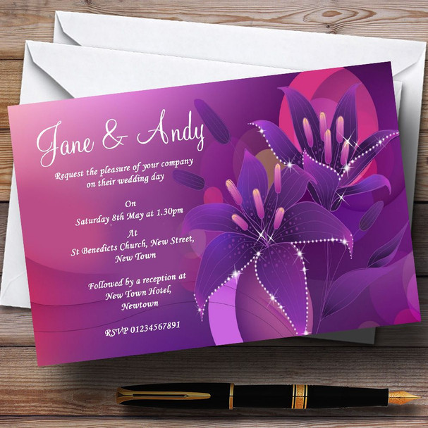 Purple Pink Lily Personalised Wedding Invitations