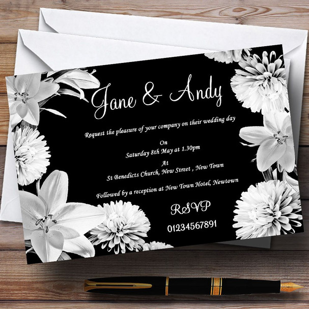 Stunning Lily Flowers Black White Personalised Wedding Invitations