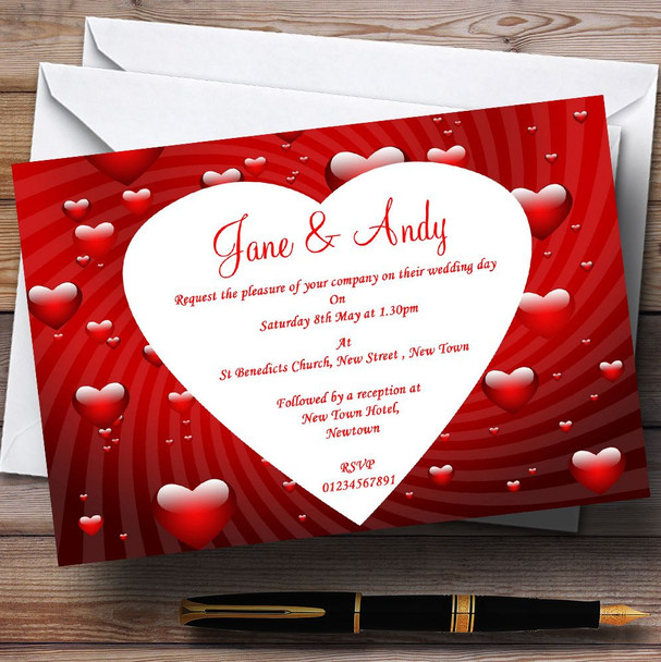 Deep Red Romantic Love Hearts Personalised Wedding Invitations