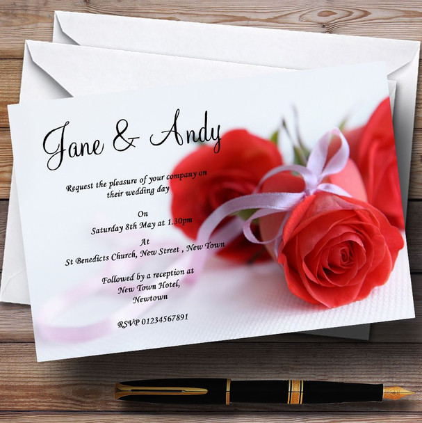 Red Rose & White Ribbon Personalised Wedding Invitations