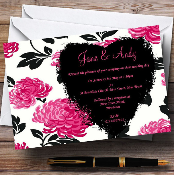 Beautiful Pink Black And White Floral Vintage Personalised Wedding Invitations