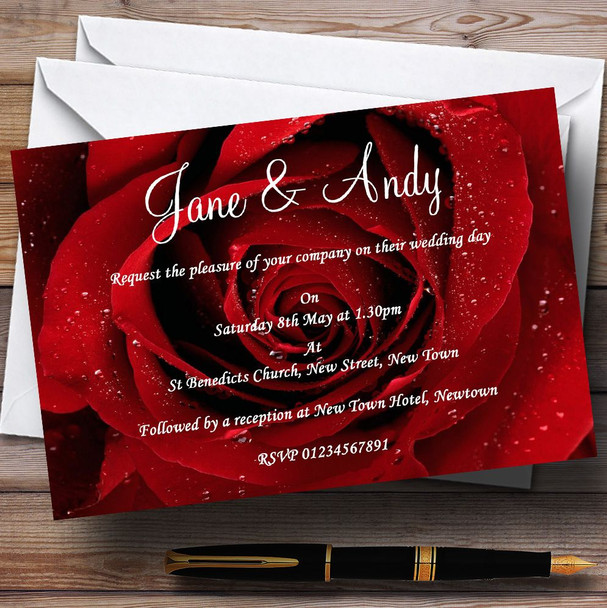 Deep Red Wet Rose Personalised Wedding Invitations