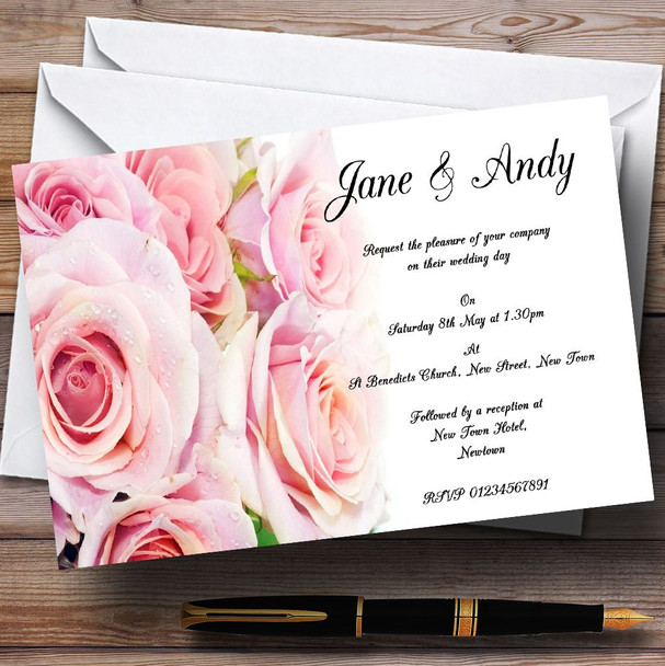 Gorgeous Pastel Pink Wet Roses Personalised Wedding Invitations